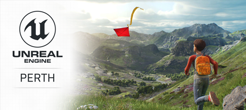 Text reads: Unreal Engine PERTH. The right side of the image is rendered in Unreal game engine. It depicts a both chasing a red kite over a grassy hill. He is facing away from the camera, wearing an orange backpack, a baseball shirt and jeans. In the background are green rocky mountains and a blue clouded sky.
